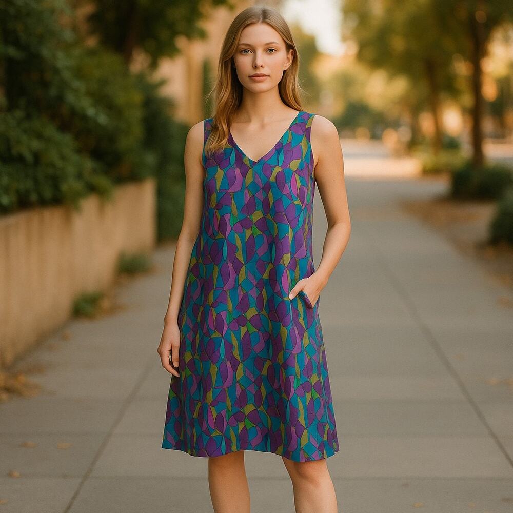 Vintage Y2K 2000s Apostrophe Purple Green Funky Retro Sleeveless Mini Dress 16